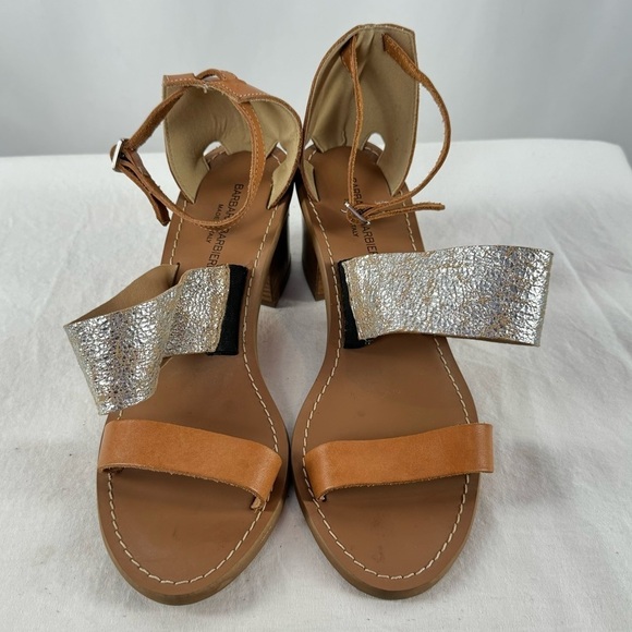 Barbara Barbieri Leather Ankle Strap Stacked Heel Sandal in Brown Silver Size 10 - Picture 5 of 7